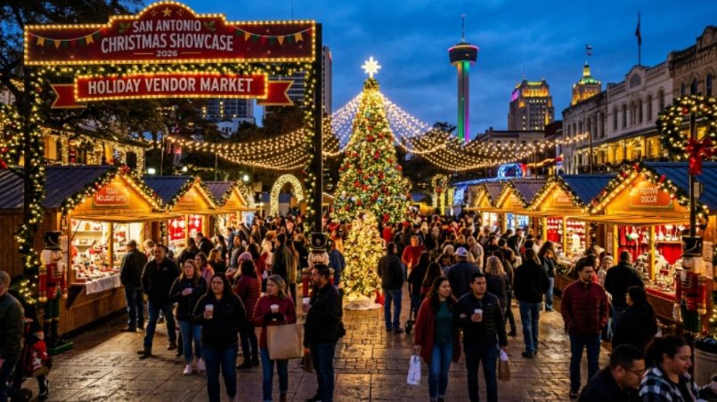 Festive holiday vendor market at the San Antonio Christmas Showcase 2026 with lights and decorations