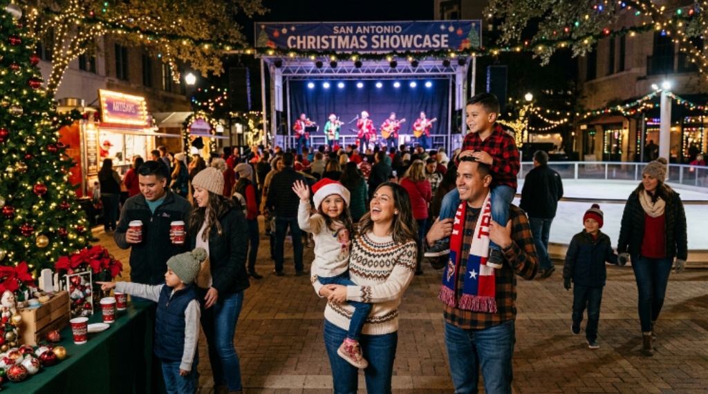 Families enjoying live performances and seasonal activities at the San Antonio Christmas Showcase
