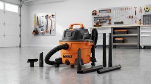 Compact orange wet dry vacuum placed on a clean garage floor.