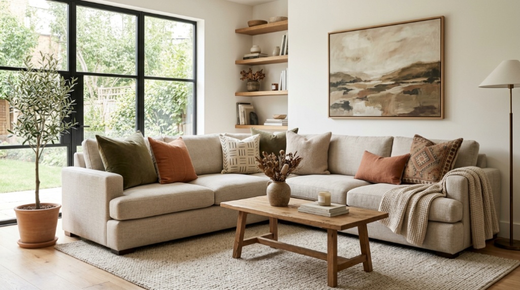 Close-up of layered square and lumbar couch pillows showing proper sizing.