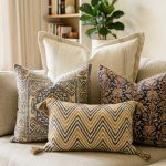 Modern neutral sofa styled with a balanced arrangement of decorative throw pillows.