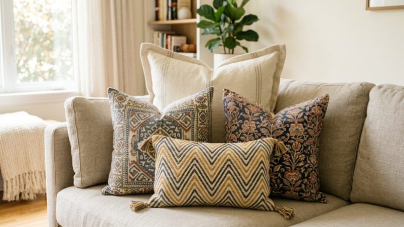 Modern neutral sofa styled with a balanced arrangement of decorative throw pillows.