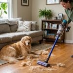 Homeowner vacuuming golden retriever fur off a living room rug.