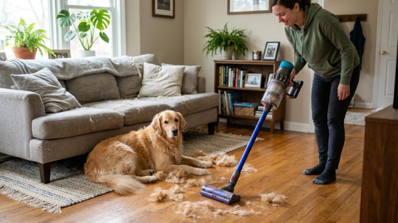 Homeowner vacuuming golden retriever fur off a living room rug.