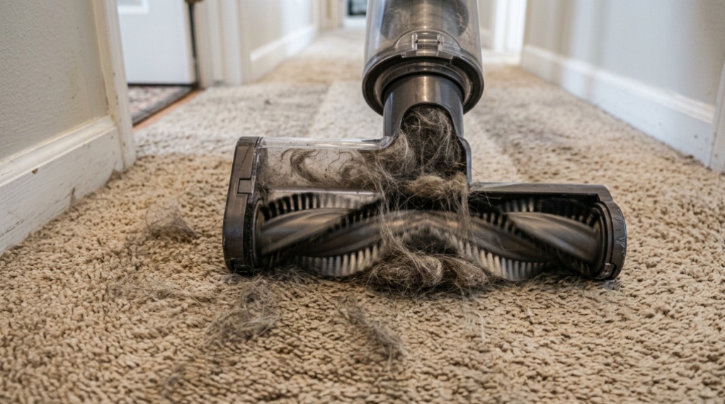 Vacuum roller brush cleaning thick pet hair from carpet.