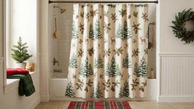 Christmas shower curtain with red and green evergreen print in a neutral bathroom