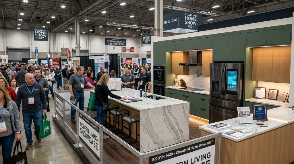 A modern kitchen renovation display at the Cleveland Home Show 2027 featuring quartz countertops and smart appliances