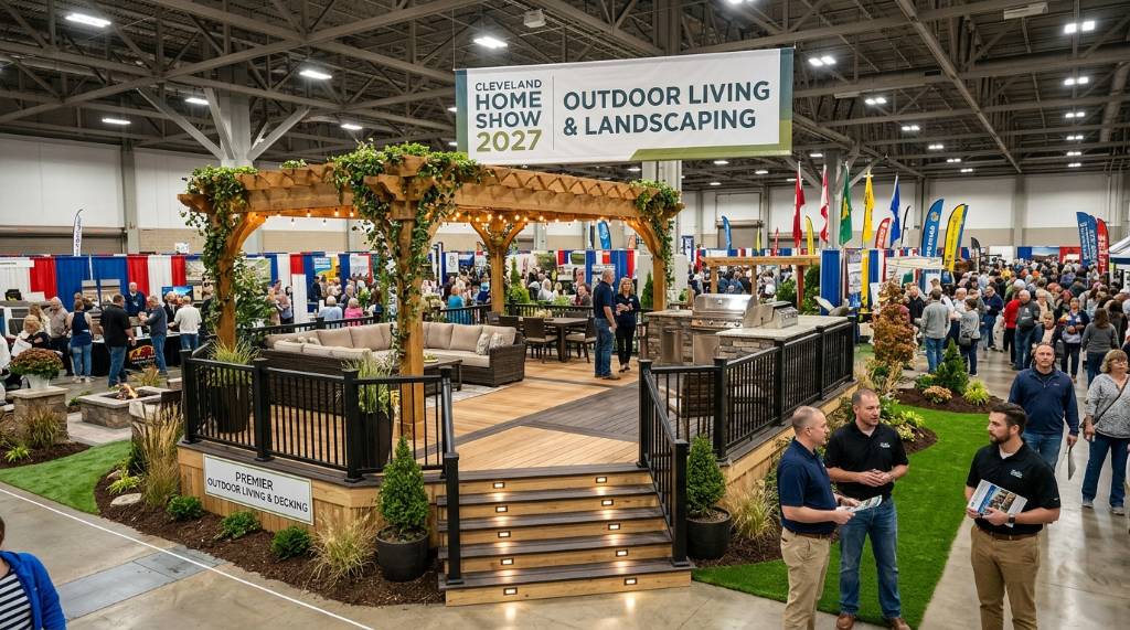 Outdoor living and decking exhibits on display at the Cleveland Home Show 2027 in Cleveland Ohio