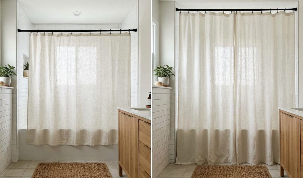 Decorative shower curtain and waterproof liner hanging separately around a bathtub