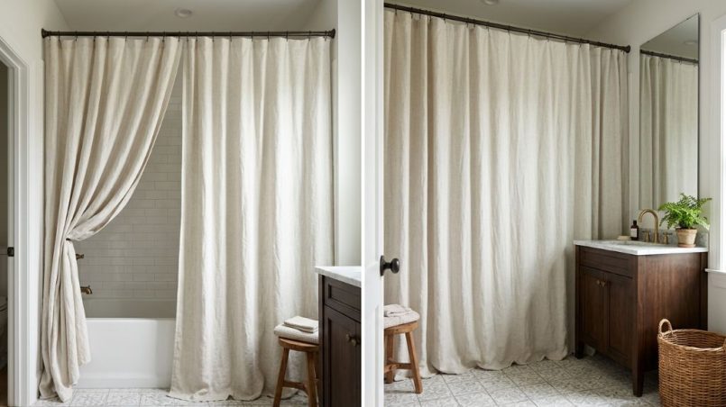 Extra-long shower curtain creating a floor-to-ceiling look in a bright bathroom