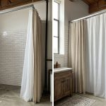 Extra long shower curtain liner hanging inside a tall bathtub enclosure