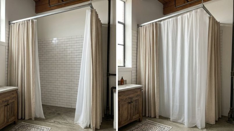 Extra long shower curtain liner hanging inside a tall bathtub enclosure