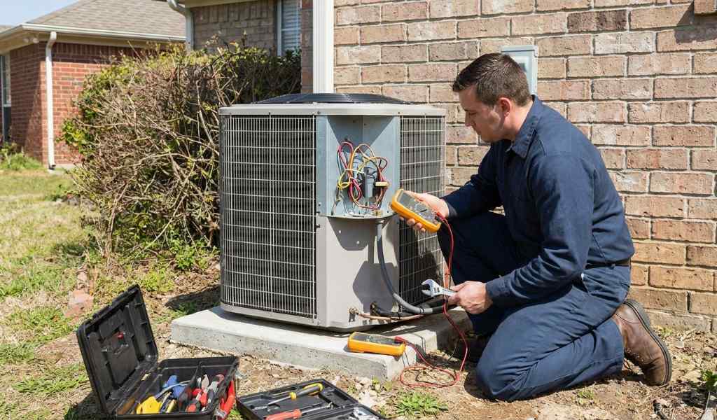 HVAC professional using manifold gauges to diagnose heat pump refrigerant pressure