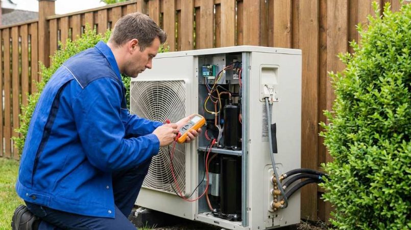 HVAC technician presenting an itemized heat pump repair cost estimate