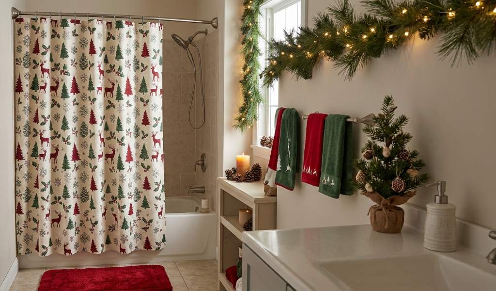 Minimalist Nordic Christmas tree shower curtain with coordinated solid towels