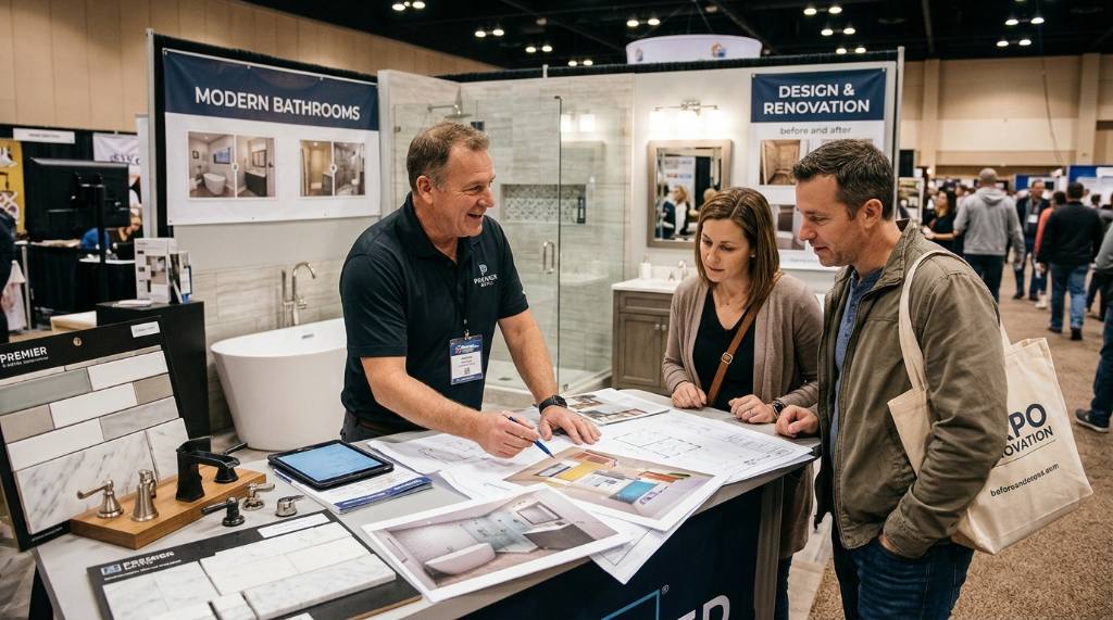 Contractor explaining a bathroom design plan to visitors at an exhibition booth