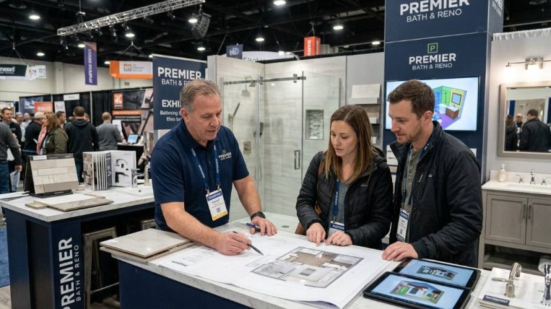 Homeowners browsing kitchen cabinet displays at a Seattle home remodeling show