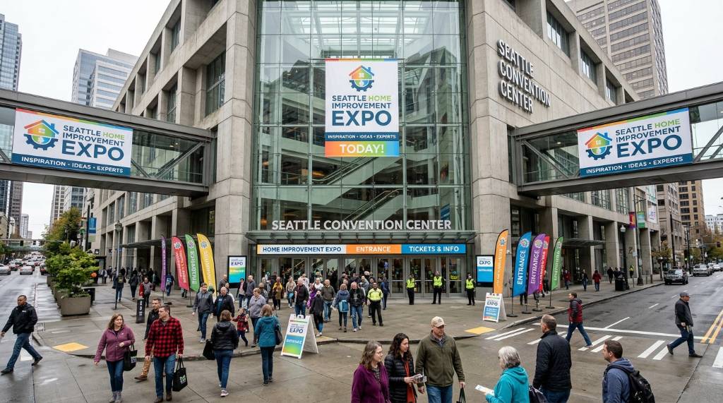Seattle Convention Center entrance with visitors arriving for a home improvement expo