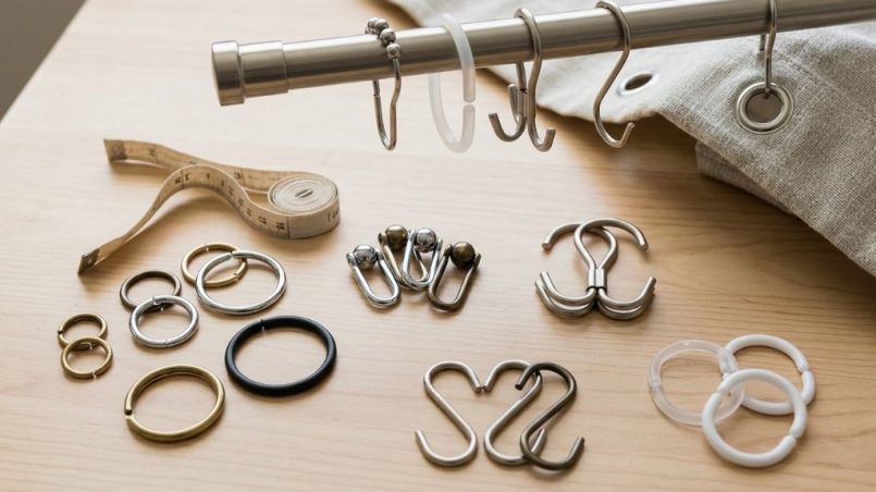 Roller shower curtain hooks gliding across a polished metal rod