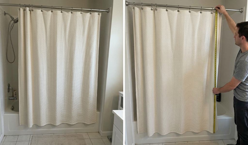 Shower curtain and liner aligned with practical hem clearance