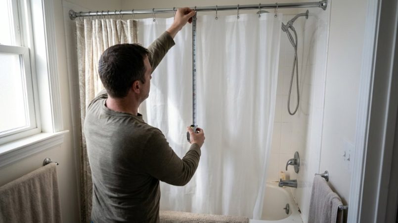 Shower curtain liner size chart for standard, stall, and extra-long options