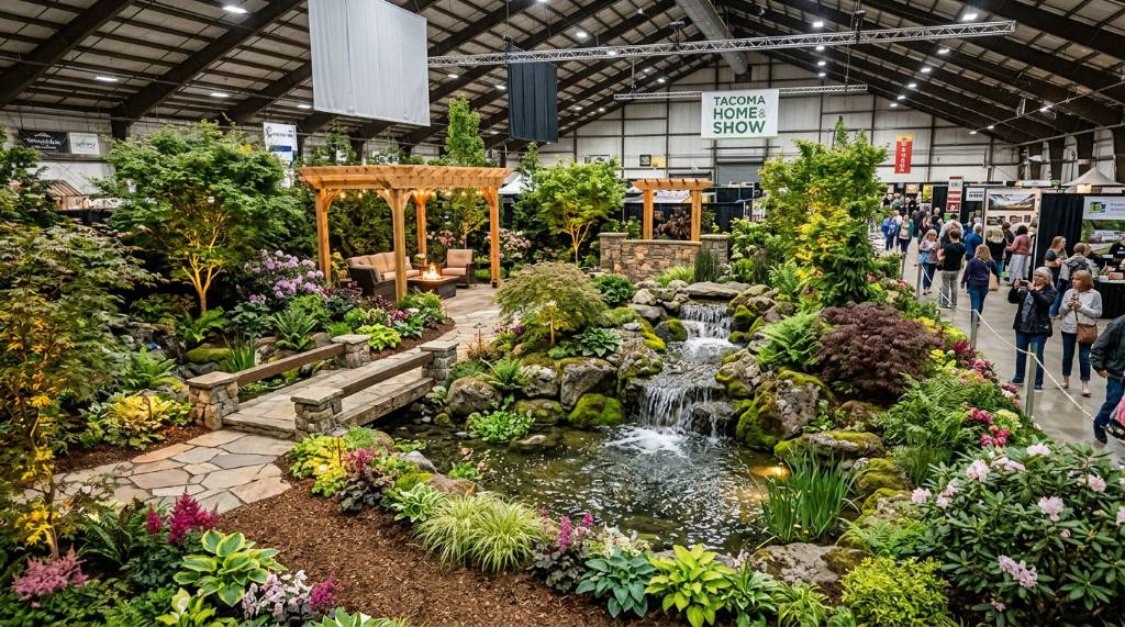 Professionally designed show garden display with plants, lighting, and water features at the Tacoma Home and Garden Show