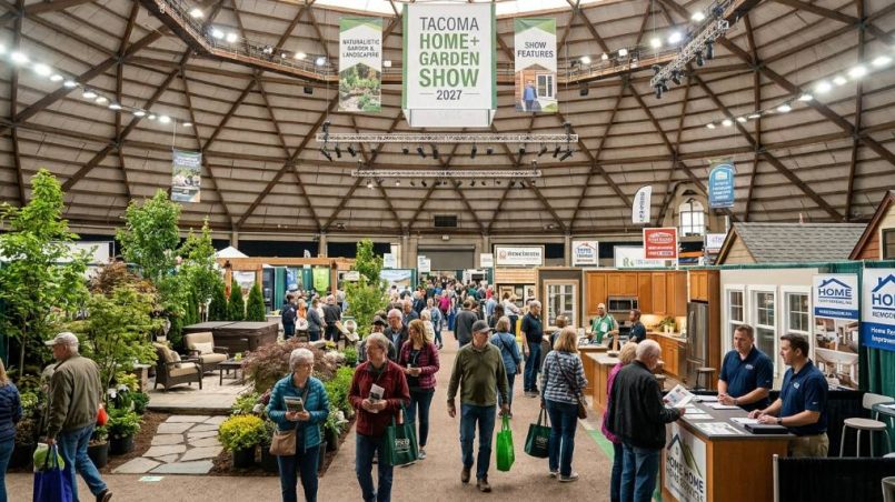 Visitors exploring exhibitor booths at the Tacoma Home + Garden Show 2027 inside the Tacoma Dome Exhibition Hall