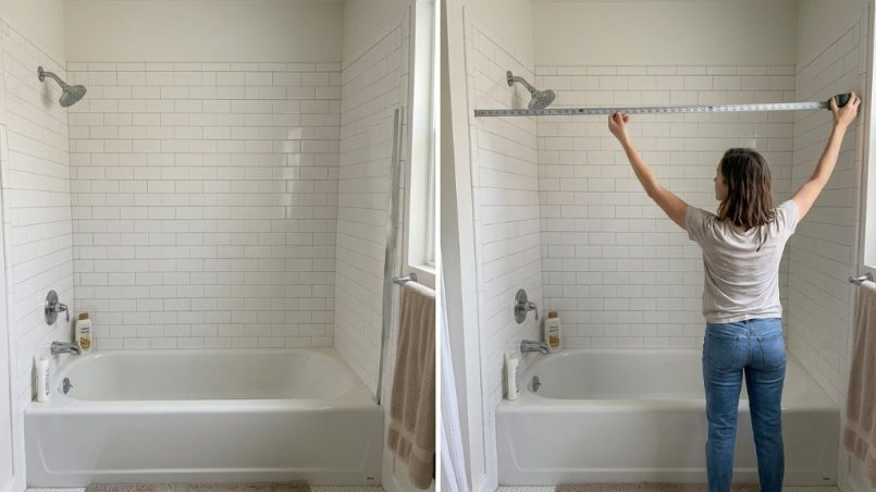Tape measure showing wall-to-wall shower alcove width at rod height