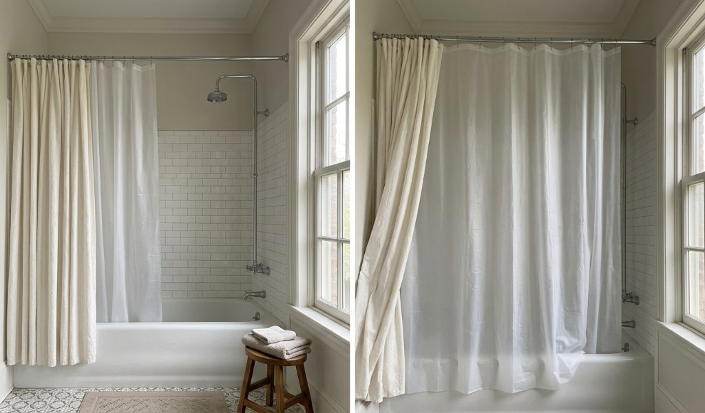 Weighted hem and reinforced grommets on an extra-long shower liner