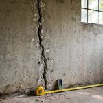 Wide view of a basement wall with a vertical crack, tape measure and level resting against it
