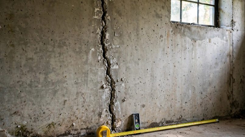 Wide view of a basement wall with a vertical crack, tape measure and level resting against it