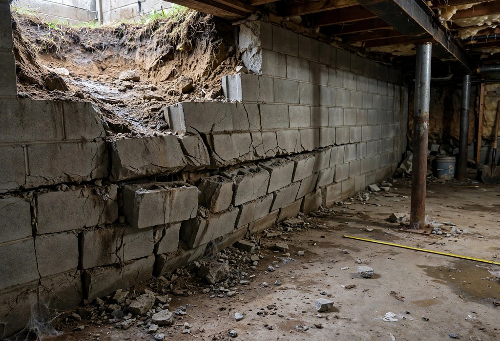 Bowing basement wall with a horizontal crack and vertical cracks from lateral soil pressure