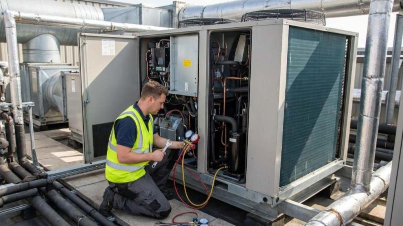 commercial VRF heat pump system being serviced on a rooftop installation