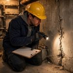 Contractor in a hard hat inspecting a basement wall crack with a flashlight