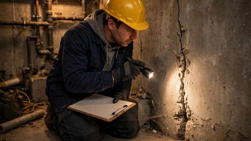 Contractor in a hard hat inspecting a basement wall crack with a flashlight