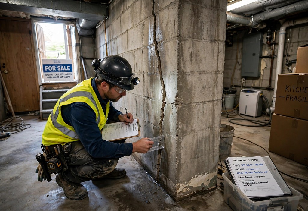 Structural engineer inspecting a basement wall crack before selling a house with foundation cracks