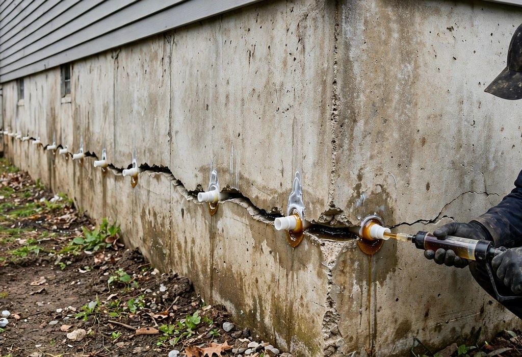 Technician injecting epoxy resin into a foundation wall crack with ports