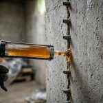 Gloved hand injecting epoxy resin into a vertical crack with a caulking-style gun