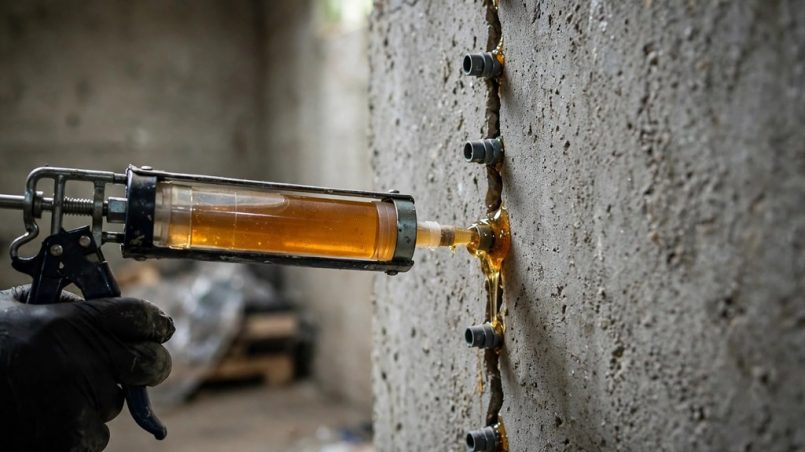 Gloved hand injecting epoxy resin into a vertical crack with a caulking-style gun