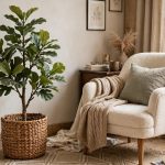 Faux fiddle leaf fig tree in woven basket beside a cozy bedroom reading chair