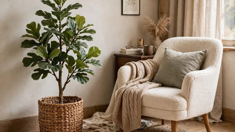Faux fiddle leaf fig tree in woven basket beside a cozy bedroom reading chair