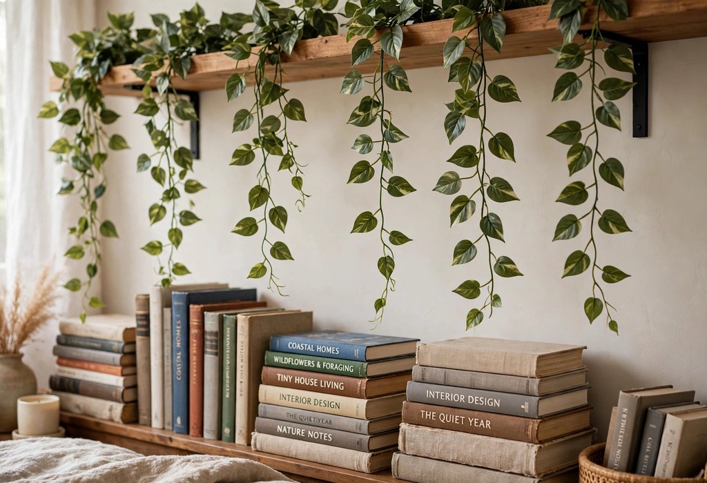 Artificial greenery ideas with trailing faux pothos vines cascading from a wooden plant shelf