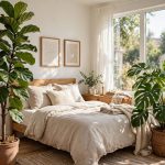 Tall fiddle leaf fig and monstera filling a bright bedroom corner