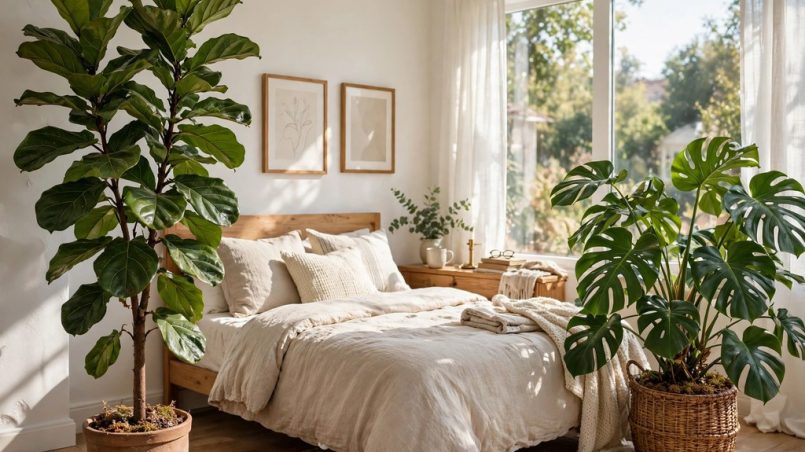 Tall fiddle leaf fig and monstera filling a bright bedroom corner