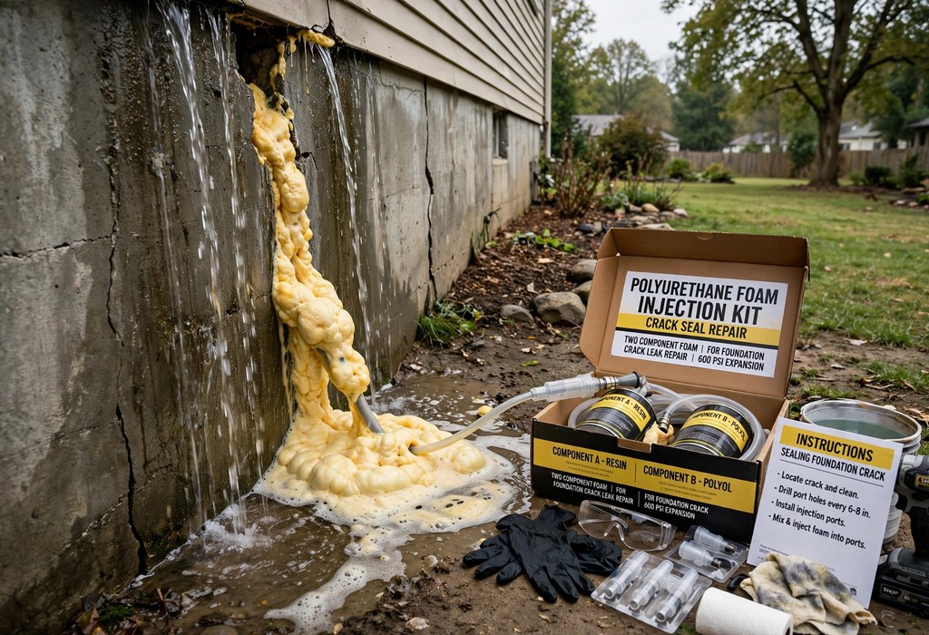 Crack repair kits to buy: polyurethane foam kit sealing an actively leaking foundation crack