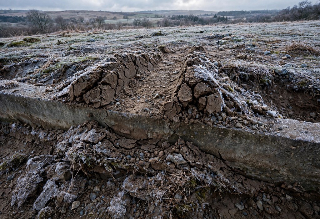 Freeze thaw foundation damage: frost heaved soil pushing against a concrete footing