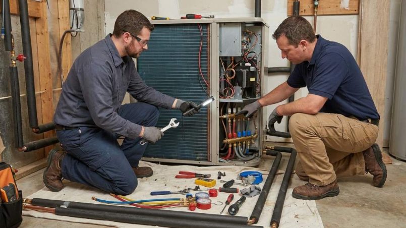 geothermal heat pump ground loop pipes visible inside a mechanical room