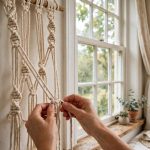 Hands tying square knots in a cotton macrame hanger beside a bedroom window