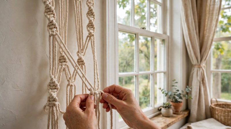 Hands tying square knots in a cotton macrame hanger beside a bedroom window