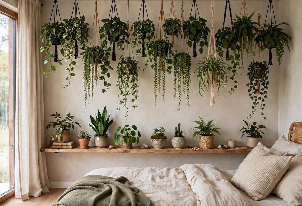 Clustered heights: Hanging plants clustered at staggered heights above a bedroom plant shelf